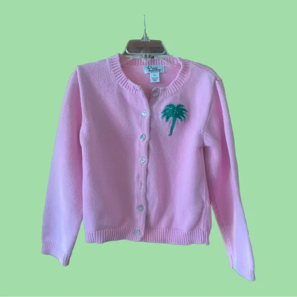 LILLY PULITZER Green Long Sleeve Top with Pink Cardigan w/Green Palm Tree - 6X - Picture 6 of 11